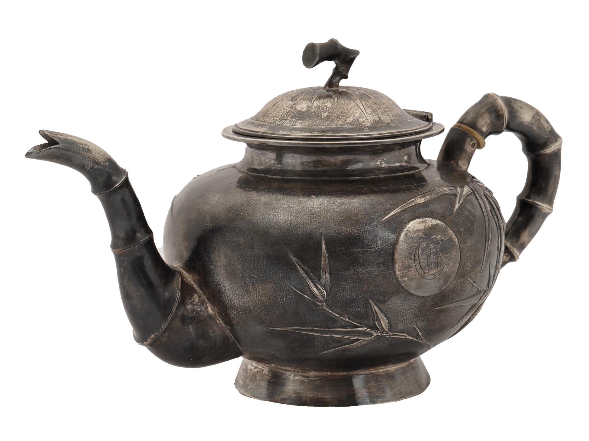 ANTIQUE JAPANESE SILVER BAMBOO DECORATED TEAPOT PIC-0